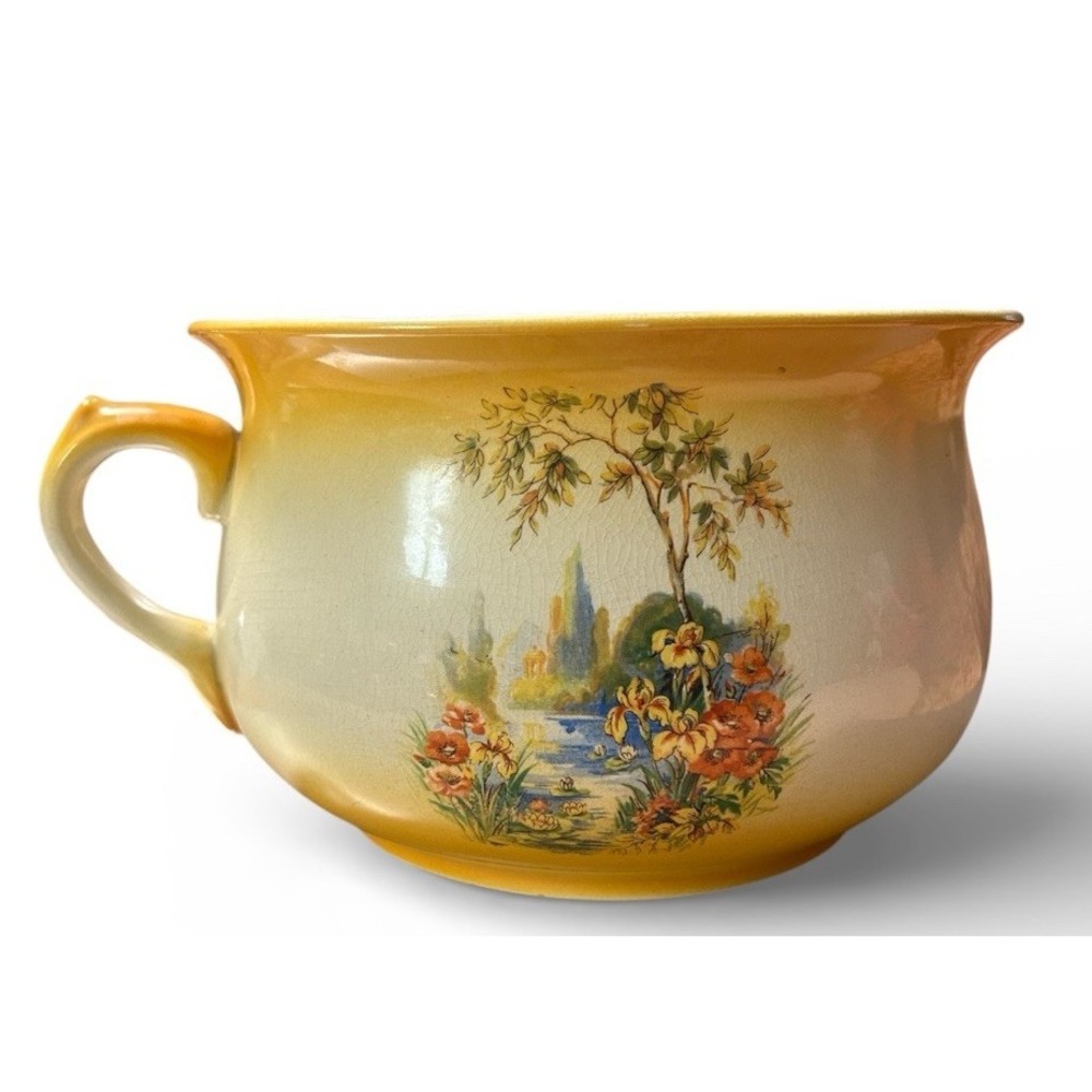 Antique English Floral Chamber Pot Made in England Yellow Transferware